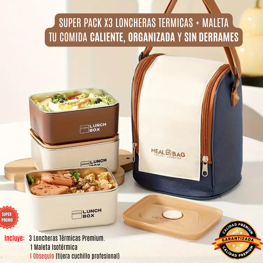SUPER PACK x3 PORTACOMIDAS TERMICOS + MALETA ISOTÉRMICA Y ¡OBSEQUIO!