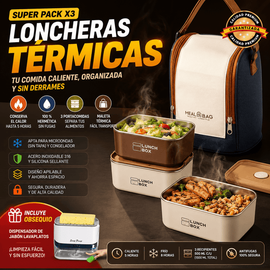 COMBO x3 PORTACOMIDAS TERMICOS + MALETA ISOTÉRMICA Y ¡OBSEQUIOS!