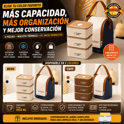COMBO x3 PORTACOMIDAS TERMICOS + MALETA ISOTÉRMICA Y ¡OBSEQUIOS!