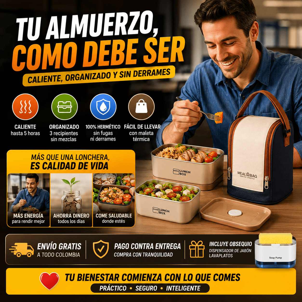 COMBO x3 PORTACOMIDAS TERMICOS + MALETA ISOTÉRMICA Y ¡OBSEQUIOS!