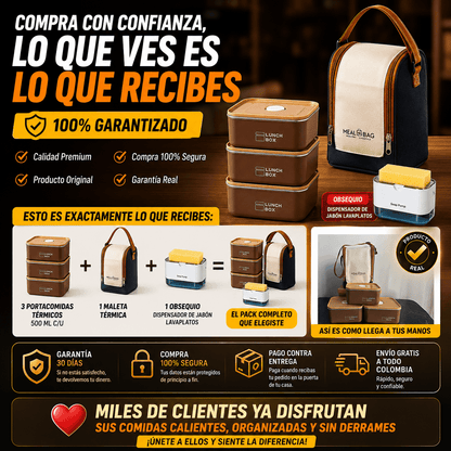COMBO x3 PORTACOMIDAS TERMICOS + MALETA ISOTÉRMICA Y ¡OBSEQUIOS!